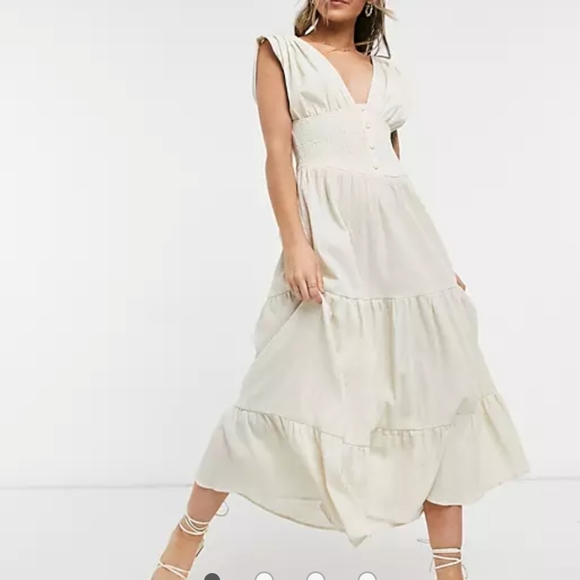 ASOS Dresses & Skirts - ASOS DESIGN Shirred Waist Button Front Tiered Midi Sundress Crinkle  Oatmeal 4